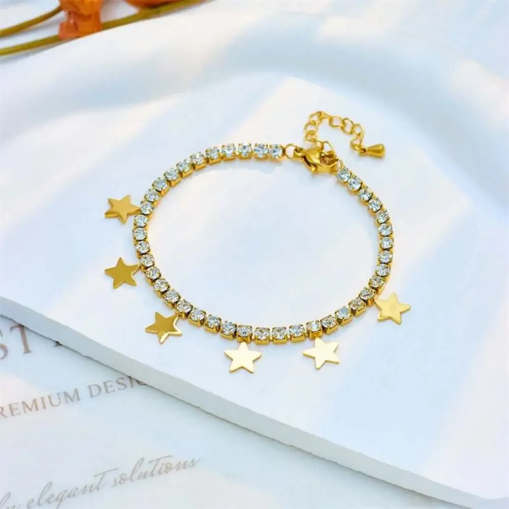 18K Gold Plated Stainless Steel Tennis Bracelet with Star Charms and Zirconia